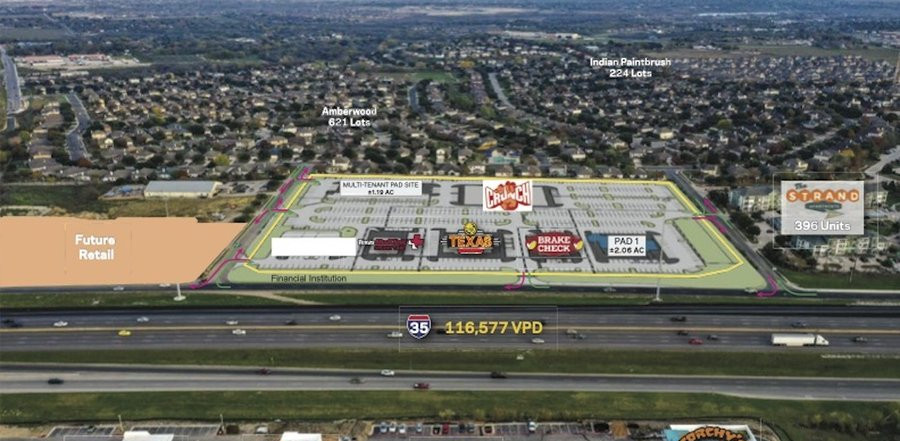 Aerial rendering showing new businesses coming to Amberwood Ranch under development as well as the surrounding existing businesses and neighborhoods