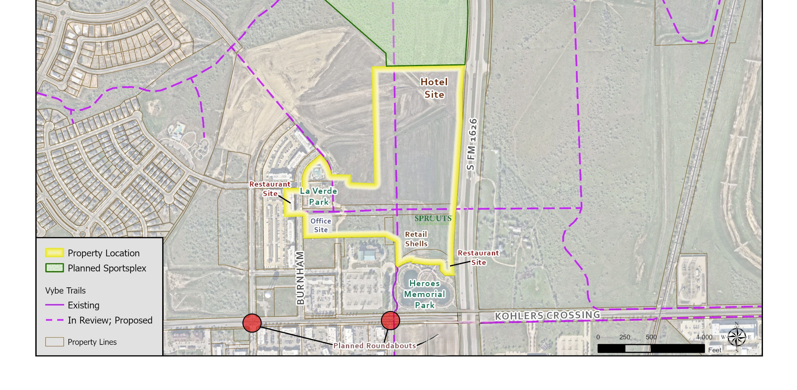 Map of the Brick and Mortar District showing the restaurant site and other surrounding features