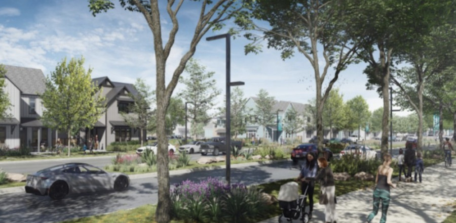 Rendering of proposed suburban neighborhood with houses, cars, trees, and pedestrians.