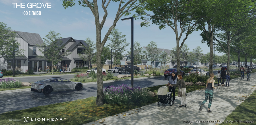 Rendering of new suburban neighborhood with houses, trees, vehicles, and pedestrians.