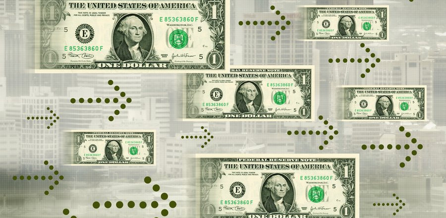 dollar bills with right-pointing arrows around them made of green dots