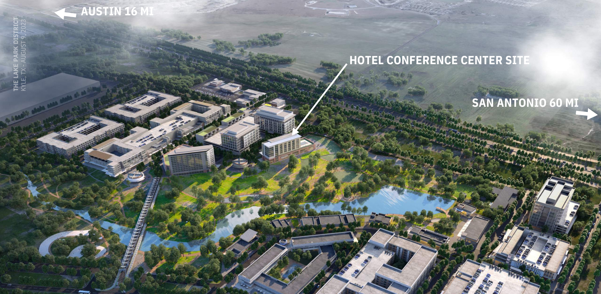 rendering of Lake Park District with hotel location indicated