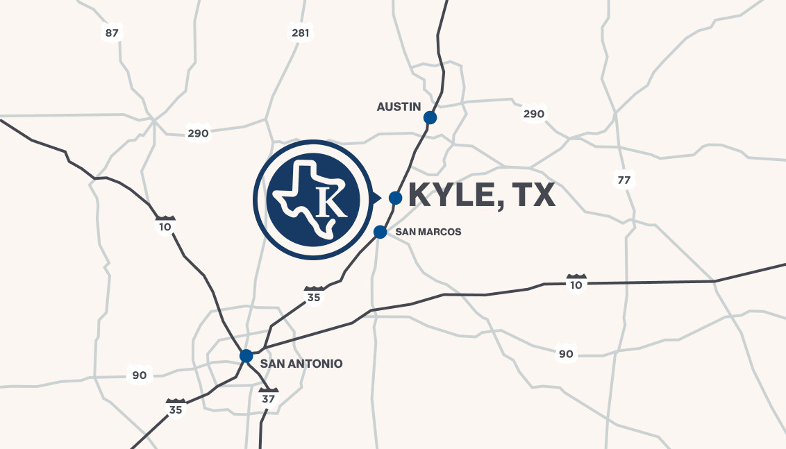 Map of Kyle, TX relative to surrounding cities which include Austin, San Marcos, and San Antonio